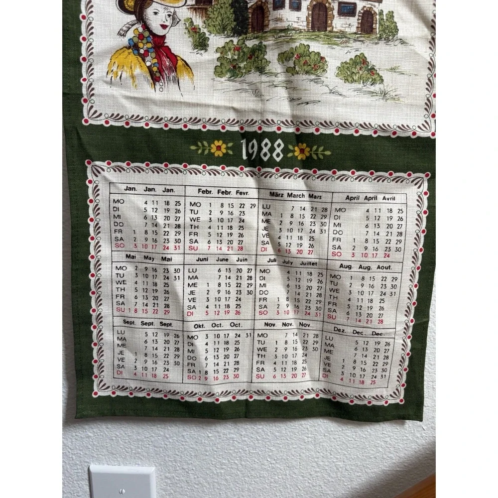 Vintage Linen 1988 German Folk Art Kitchen Calendar Tea Towel Piepmats Dessin
